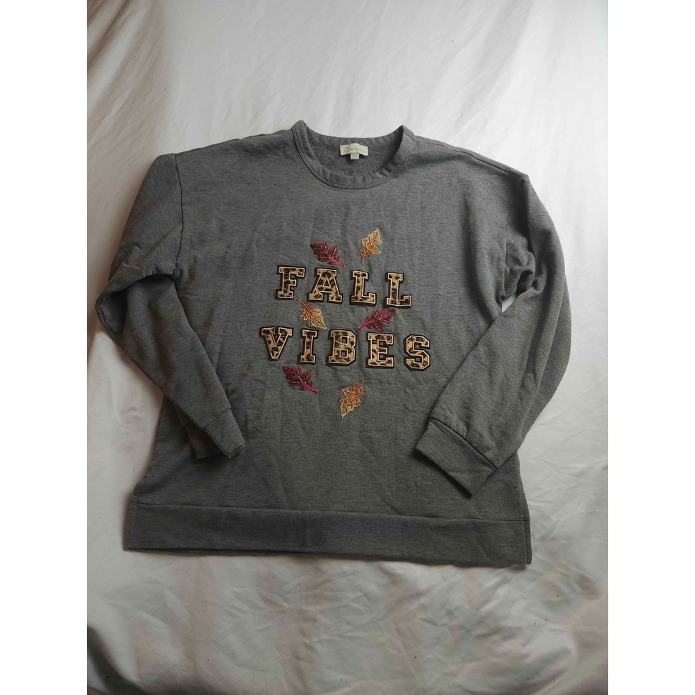 Chenault Sweatshirt Womens Large Gray Fall Vibes Leopard Print Graphic Pullover